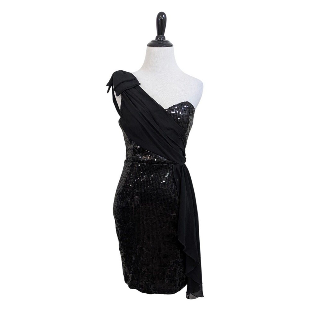 Little Mistress One Shoulder Black Sequin Chiffon Sheath Dress - Size 6 Womens
